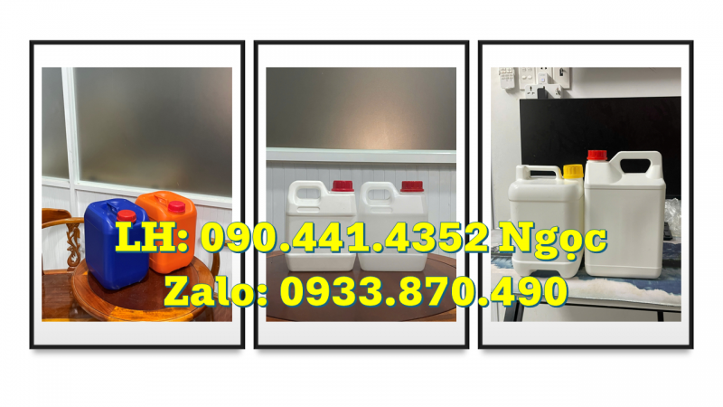 Bình nhựa 5 lít đựng hóa chất, can nhựa 2 lít đựng javel, bình nhựa 1 lít đựng chất ngâm 