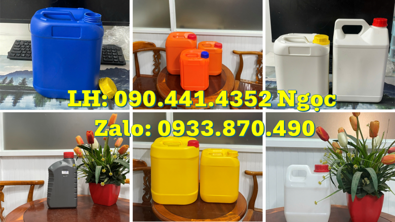 Bình nhựa 5 lít đựng hóa chất, can nhựa 2 lít đựng javel, bình nhựa 1 lít đựng chất ngâm 
