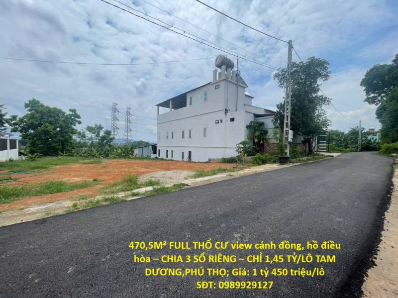 470,5M² FULL THỔ CƯ view cánh đồng, hồ điều hòa – CHIA 3 SỔ RIÊNG – CHỈ 1,45 TỶ/LÔ TAM DƯƠNG,PHÚ THỌ