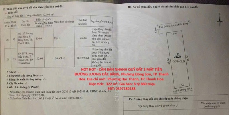 HOT HOT - CẦN BÁN NHANH QUỸ ĐẤT 2 MẶT TIỀN ĐƯỜNG LƯƠNG ĐẮC BẰNG, Phường Đông Sơn, TP. Thanh Hóa