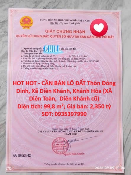 HOT HOT - CẦN BÁN LÔ ĐẤT Thôn Đông Dinh, Xã Diên Khánh, Khánh Hòa (XÃ Diên Toàn,  Diên Khánh cũ)