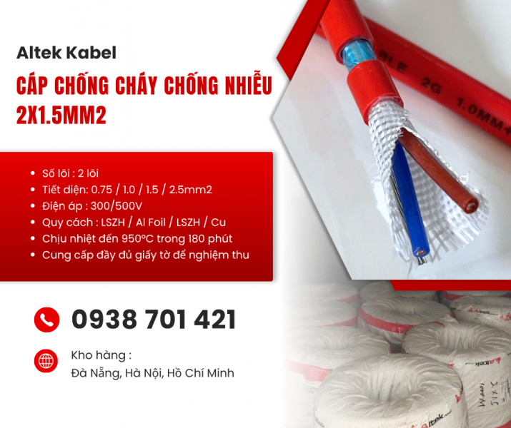 Cáp chống cháy chống nhiễu 2x1.5mm² Altek Kabel FR215GFT – Cáp chống cháy cho hệ thống báo cháy