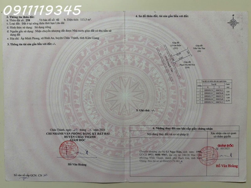 Cần tiền bán nhanh lô đất 2 mặt tiền Tắc Cầu, Bình An, DT 113.5 m2, giá 800 triệu