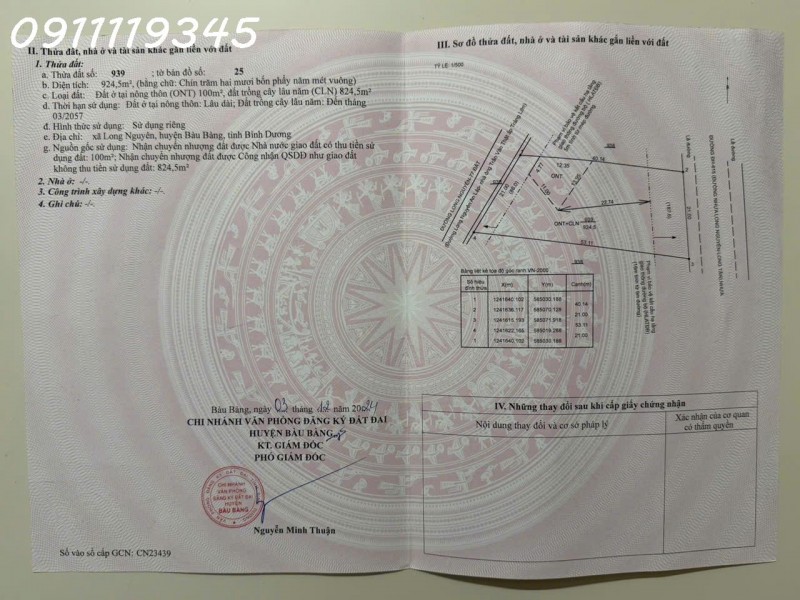 Chính chủ cần bán lô đất siêu đẹp 2 mặt tiền đường DH615, Long Nguyên, Bàu Bàng, 924,5 m2
