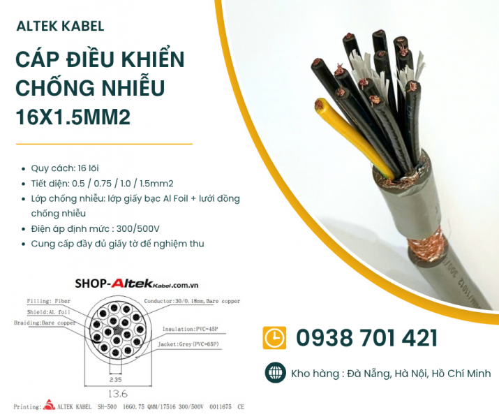 Cáp điều khiển chống nhiễu 16x1.5mm² Altek Kabel 