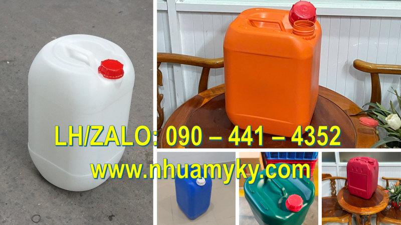 Thùng nhựa 30 lít màu xanh lá, can nhựa 25 lít màu đỏ, can nhựa vuông 20 lít màu xanh dương 