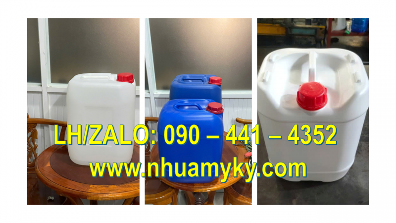 Thùng nhựa 30 lít màu xanh lá, can nhựa 25 lít màu đỏ, can nhựa vuông 20 lít màu xanh dương 