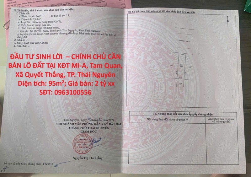 ĐẦU TƯ SINH LỜI  – CHÍNH CHỦ CẦN BÁN LÔ ĐẤT TẠI KĐT MI-A, Tam Quan, Xã Quyết Thắng, TP. Thái Nguyên