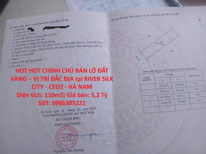 HOT HOT CHÍNH CHỦ BÁN LÔ ĐẤT VÀNG – VỊ TRÍ ĐẮC ĐỊA tại RIVER SILK CITY - CEO2 - HÀ NAM