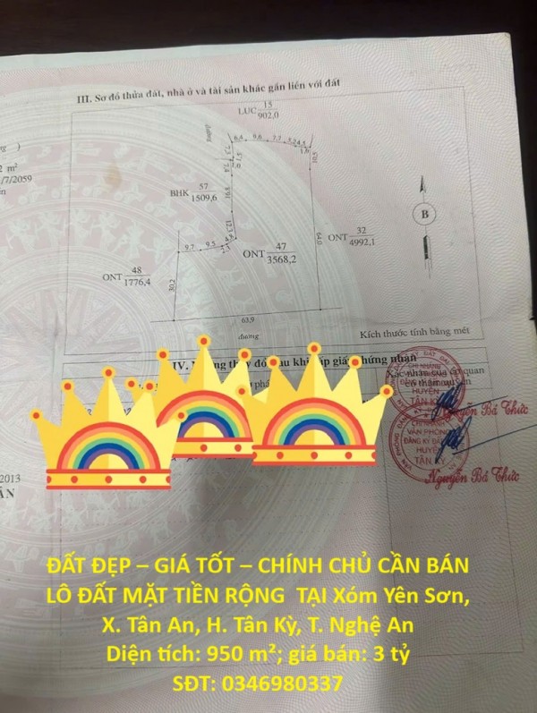 ĐẤT ĐẸP – GIÁ TỐT – CHÍNH CHỦ CẦN BÁN LÔ ĐẤT MẶT TIỀN RỘNG  TẠI Xóm Yên Sơn, X. Tân An, H. Tân Kỳ,