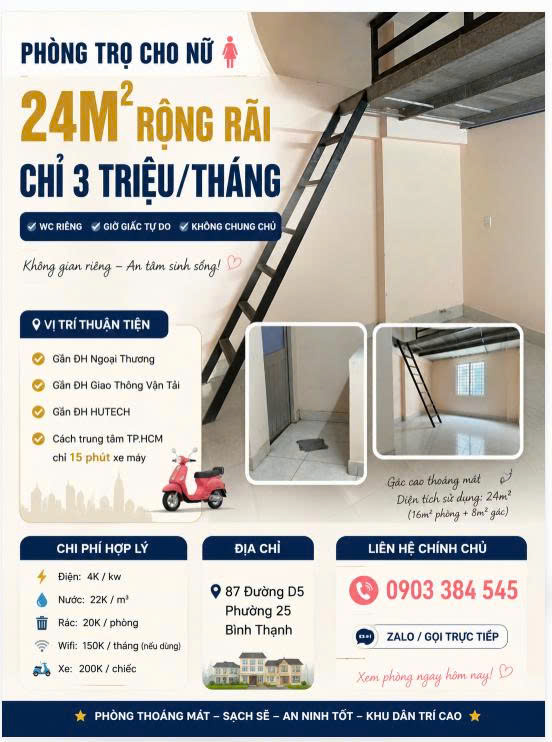 PHÒNG TRỌ CHO NỮ BÌNH THẠNH – 24M² – CHỈ 3 TRIỆU/THÁNG