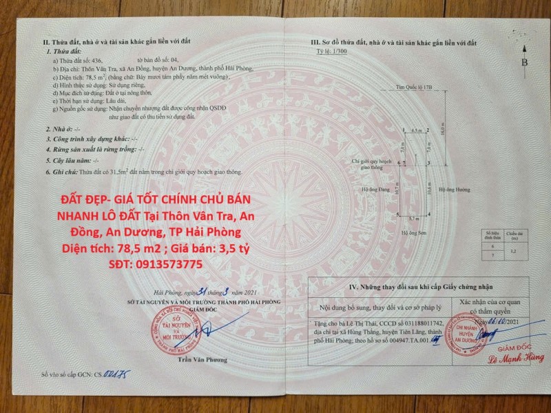 ĐẤT ĐẸP- GIÁ TỐT CHÍNH CHỦ BÁN NHANH LÔ ĐẤT Tại Thôn Vân Tra, An Đồng, An Dương, TP Hải Phòng