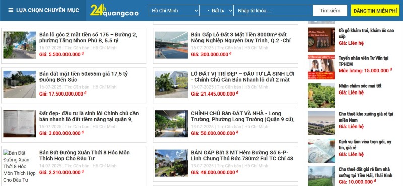 Trang rao vặt bất động sản miền Nam