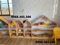 Kệ gỗ 3 tầng mầm non, kệ gỗ cao su nhà trẻ mẫu giáo