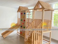 Cầu trượt gỗ liên hoàn trẻ em, thang leo cầu trượt gỗ mầm non