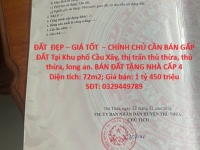 ĐẤT  ĐẸP – GIÁ TỐT  – CHÍNH CHỦ CẦN BÁN GẤP ĐẤT Tại Khu phố Cầu Xây, thị trấn thủ thừa, thủ thừa,
