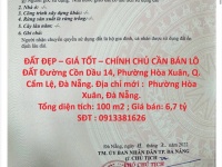 ĐẤT ĐẸP – GIÁ TỐT – CHÍNH CHỦ CẦN BÁN LÔ ĐẤT Đường Cồn Dầu 14, Phường Hòa Xuân, Q. Cẩm Lệ, Đà Nẵng.