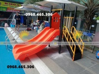 Cầu trượt sắt trẻ em máng nhựa đôi siêu bền, cầu trượt máng đôi cho bé