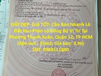 ĐẤT ĐẸP- GIÁ TỐT- Cần Bán Nhanh Lô Đất Khu Phân Lô Đồng Bộ Vị Trí Tại Quận 12, TP HCM