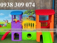 Cầu trượt 2 mái nhà trẻ em mầm non, nhà khối cầu trượt trẻ em