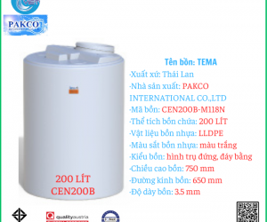 Bồn chứa nước, hóa chất, PE tank 100 lít loại CEN-B TEMA PAKCO Chính hãng hàng sẵn giao