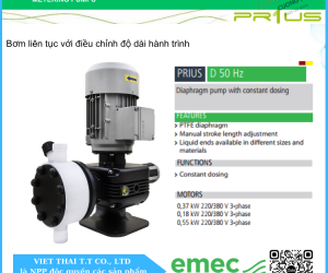 Bơm định lượng EMEC PRIUS D 010060 K/PP hoạt động bằng động cơ với 60 L/h tại 10 bar