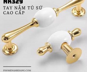 Tay nắm tủ sứ trắng phối đế vàng NK329 | Zalo 0901 196 552