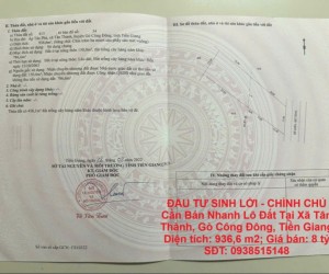 ĐẦU TƯ SINH LỜI - CHÍNH CHỦ Cần Bán Nhanh Lô Đất Tại Xã Tân Thành, Gò Công Đông, Tiền Giang