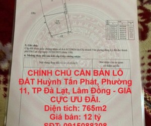 CHÍNH CHỦ CẦN BÁN LÔ ĐẤT Huỳnh Tấn Phát, Phường 11, TP Đà Lạt, Lâm Đồng - GIÁ CỰC ƯU ĐÃI.