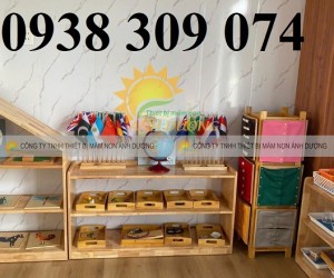 Kệ montessori, kệ gỗ 3 tầng mầm non, kệ đựng đồ montessori