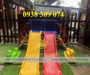 Cầu trượt máng đôi ngoài trời, cầu trượt sắt máng đôi giá rẻ