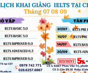 TIÊU ĐỀ GÒ VẤP:  LỊCH HỌC IELTS TẠI CET NĂM 2025 – LUYỆN IELTS TỪ 5.0 đến 7.0+   TIÊU ĐỀ TÂN PHÚ:  L