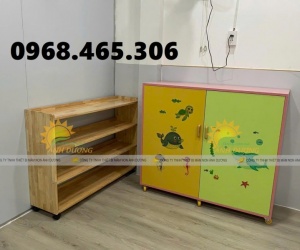 Tủ chăn gối mầm non bằng gỗ, tủ đựng chăn gối trẻ em 