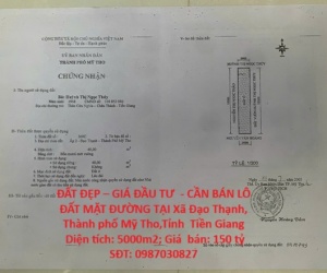 ĐẤT ĐẸP – GIÁ ĐẦU TƯ  - CẦN BÁN LÔ ĐẤT MẶT ĐƯỜNG TẠI Xã Đạo Thạnh, Thành phố Mỹ Tho,Tỉnh  Tiền Giang
