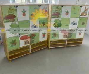 Tủ cặp mầm non gỗ cao su, tủ đựng balo mầm non MDF