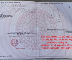 CẦN BÁN NHANH LÔ ĐẤT THỔ CƯ tại xã Châu Pha, thị xã Phú Mỹ, tỉnh Bà Rịa - Vũng Tàu