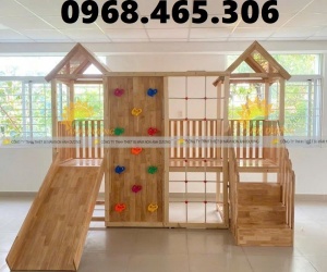 Cầu trượt gỗ liên hoàn trẻ em, thang leo cầu trượt gỗ mầm non