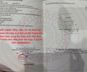 ĐẤT 2 MẶT TIỀN - ĐẦU TƯ LÀ SINH LỜI - Chính Chủ Bán 2 Lô Đất xã Mỹ Thạnh Bắc, Đức Huệ, Long An
