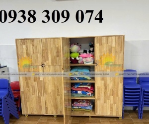 Tủ chăn gối mầm non bằng gỗ, tủ đựng chăn gối trẻ em MN