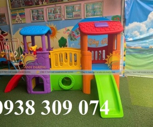 Bộ cầu trượt 2 khối nhà, nhà khối cầu trượt nhựa trẻ em