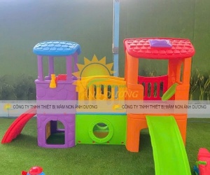 Cầu trượt 2 mái nhà trẻ em mầm non, nhà khối cầu trượt trẻ em