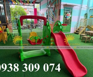 Cầu trượt đơn con gấu mầm non, cầu trượt xích đu con gấu mầm non