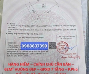 HÀNG HIẾM – CHÍNH CHỦ CẦN BÁN – 62M² VUÔNG ĐẸP – GPXD 7 TẦNG – P.Phú Diễn, Q. Bắc Từ Liêm, Hà Nội