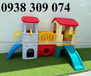 Cầu trượt liên hoàn 2 khối nhà, xe chòi chân mầm non, xe chòi chân ô tô trẻ em