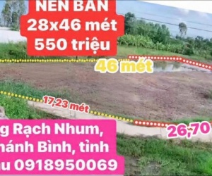 BÁN ĐẤT NỀN 2 MẶT TIỀN GẦN CỐNG RẠCH NHUM – XÃ KHÁNH BÌNH, CÀ MAU