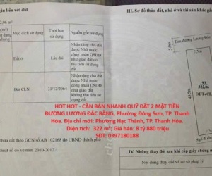 HOT HOT - CẦN BÁN NHANH QUỸ ĐẤT 2 MẶT TIỀN ĐƯỜNG LƯƠNG ĐẮC BẰNG, Phường Đông Sơn, TP. Thanh Hóa