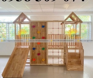 Cầu trượt gỗ trẻ em mầm non, cầu trượt vận động liên hoàn gỗ cho mầm non